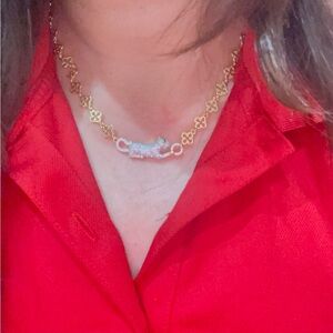 Dazzling Gold Chain Necklace with Pave Silver Panther Pendant- Woman